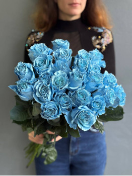 A bouquet of blue roses, individually.