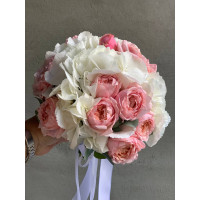 Wedding bouquet of white hydrangea and bush peony rose Juliet №15739