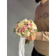 A delicate white and pink bridal bouquet of Mansfield Park peony roses, Mondial roses, white freesia, eustoma, ozothamnus, chamelacium, and eucalyptus (No. 19123)
