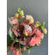 A wedding bouquet of royal protea, chocolate orchid Vanda, delicate roses, eustoma, and eucalyptus (No. 19122)