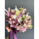A bridal wedding bouquet of cymbidium (orchid), white freesia, Memory Lane rose, ornithogalum, painted eucalyptus, and fluffy lagurus (No. 19120)