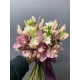 A bridal wedding bouquet of cymbidium (orchid), white freesia, Memory Lane rose, ornithogalum, painted eucalyptus, and fluffy lagurus (No. 19120)