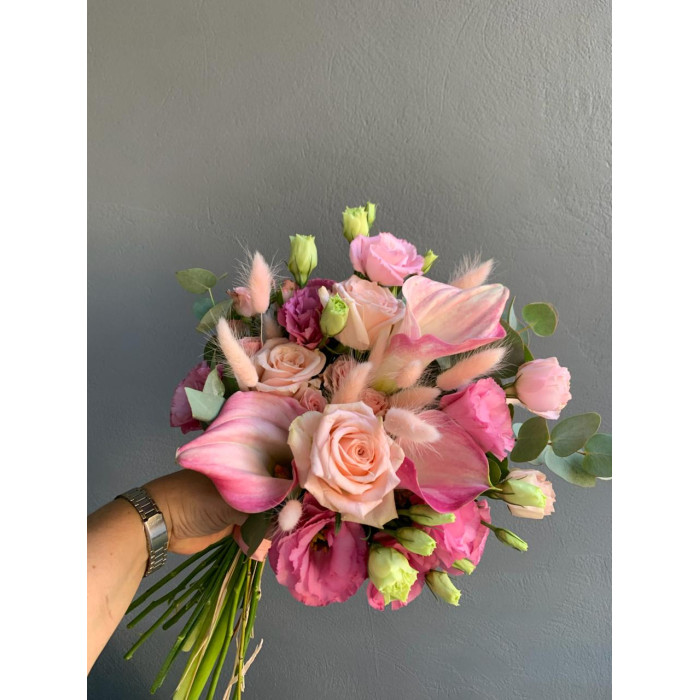 A wedding bouquet of pink zantedexia, eustoma, roses, and fluffy lagurus (No. 19119)