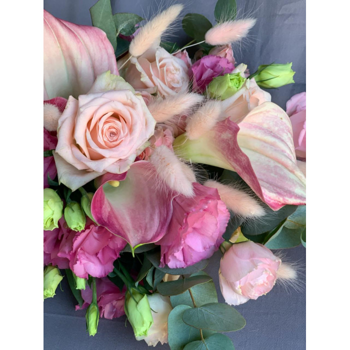 A wedding bouquet of pink zantedexia, eustoma, roses, and fluffy lagurus (No. 19119)