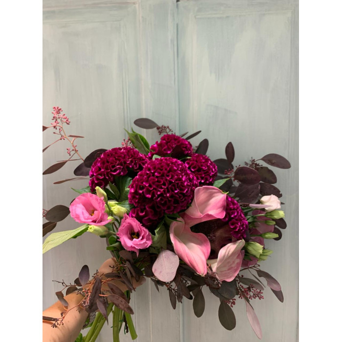 A bridal bouquet of seasonal burgundy celosia, dyed to match, eucalyptus, zantedexia, and eustoma (No. 19118)