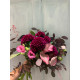 A bridal bouquet of seasonal burgundy celosia, dyed to match, eucalyptus, zantedexia, and eustoma (No. 19118)