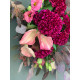 A bridal bouquet of seasonal burgundy celosia, dyed to match, eucalyptus, zantedexia, and eustoma (No. 19118)