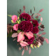 A bridal bouquet of seasonal burgundy celosia, dyed to match, eucalyptus, zantedexia, and eustoma (No. 19118)