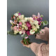 A modern bridal bouquet of orchids, peony roses, matthiola, hypericum, eustoma, and eucalyptus branches, No. 19127.