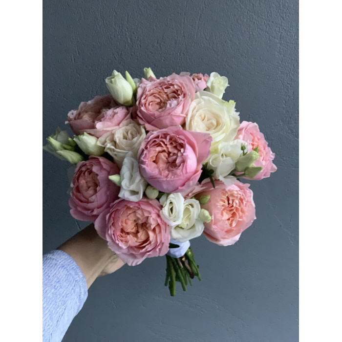 A bridal bouquet of Juliet peony spray, White O'Hara, and white freesia (No. 19114)