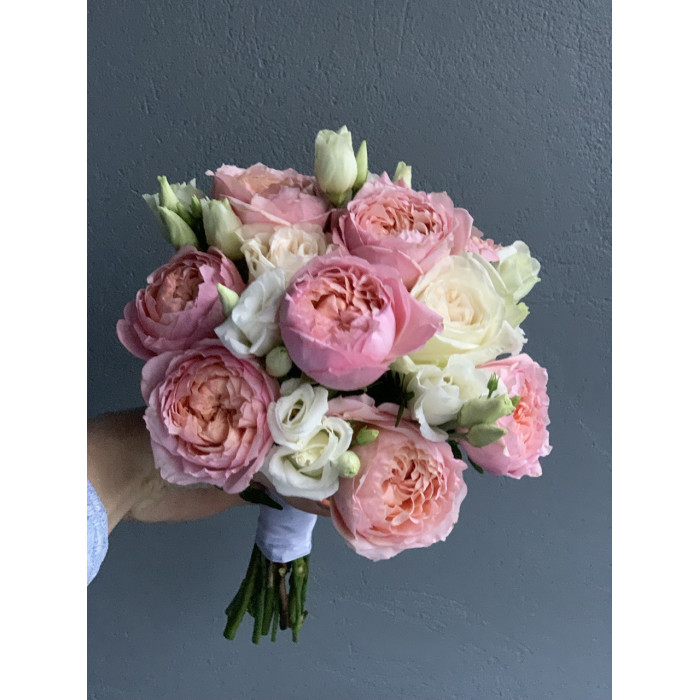 A bridal bouquet of Juliet peony spray, White O'Hara, and white freesia (No. 19114)