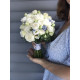 A bridal bouquet of white peony roses accented with blue oxypelatum #12001